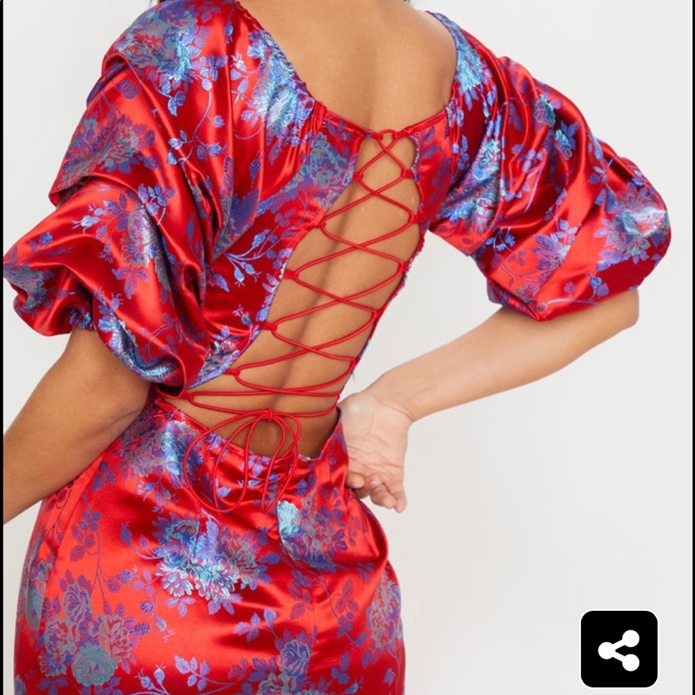 Red Floral Jacquard Lace Back Mini Dress.